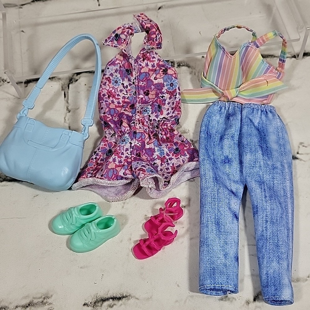 Barbie Clothes Lot Summer Outfits Striped Top Pants Floral Romper Shoes Bag